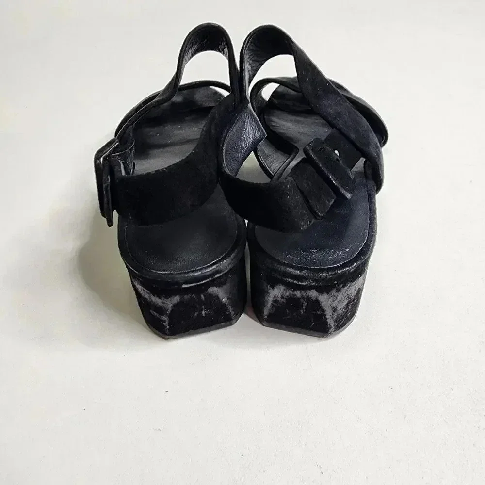 VINCE RENA Sandals Black Suede Block Heel Leather Strappy Size 7‎ Shoes